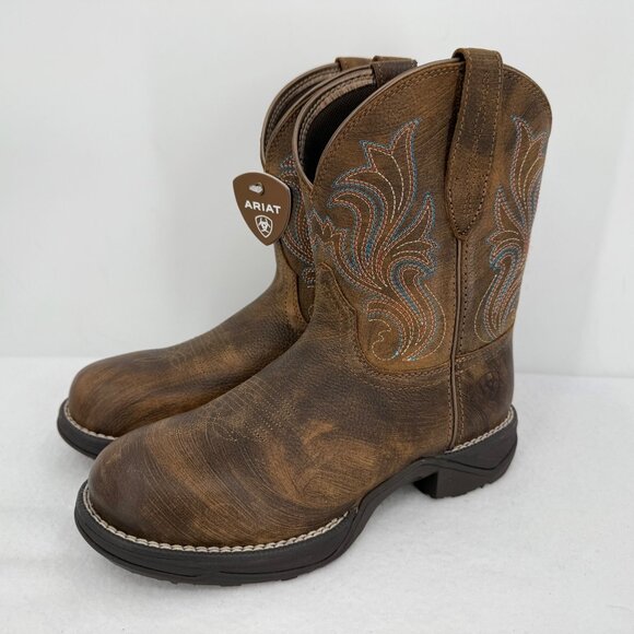 NWOB Ariat Womens Brown Leather Western Shortie Boots US 6.5B Oil/Slip Resistant - Picture 3 of 13